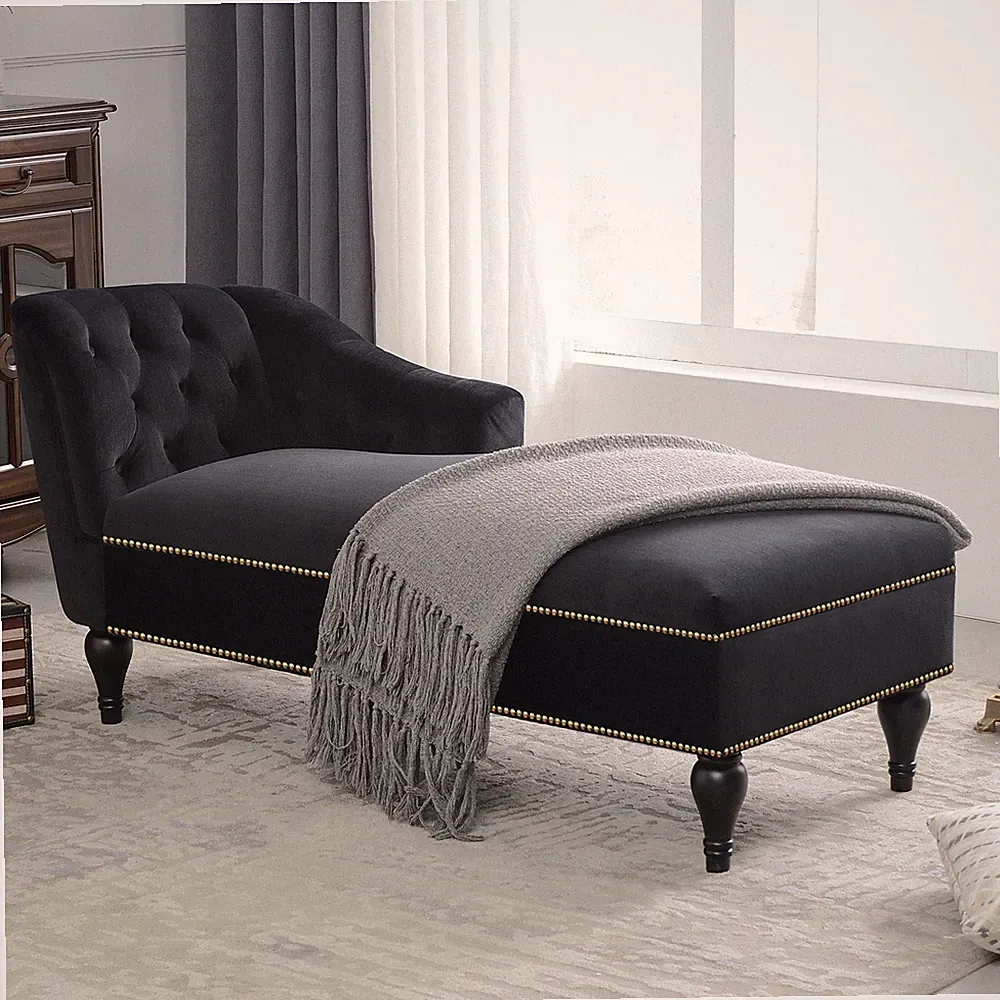 58" Velvet Upholstered Chaise Lounge Chair Sofa Button Tufted Wooden Legs Black