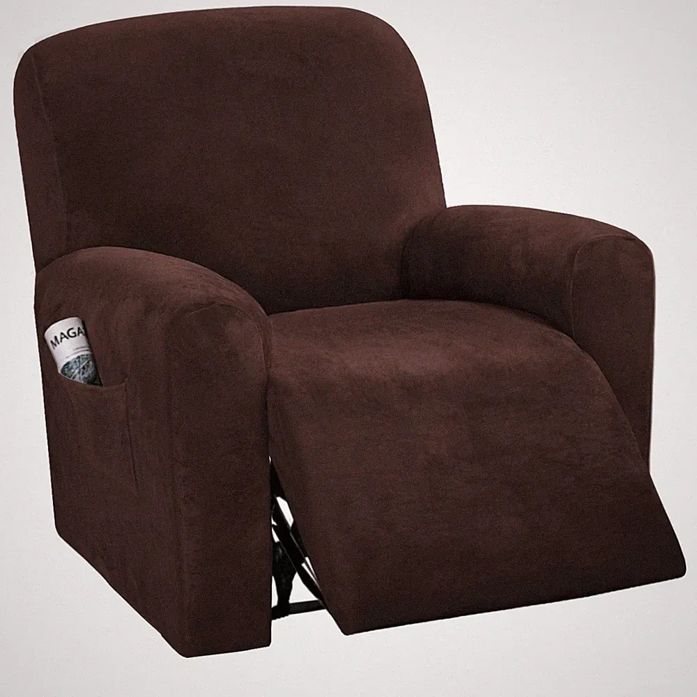 Brown Velvet Recliner Chair Cover 4 Pieces Non Slip Furniture Protector 27-39...