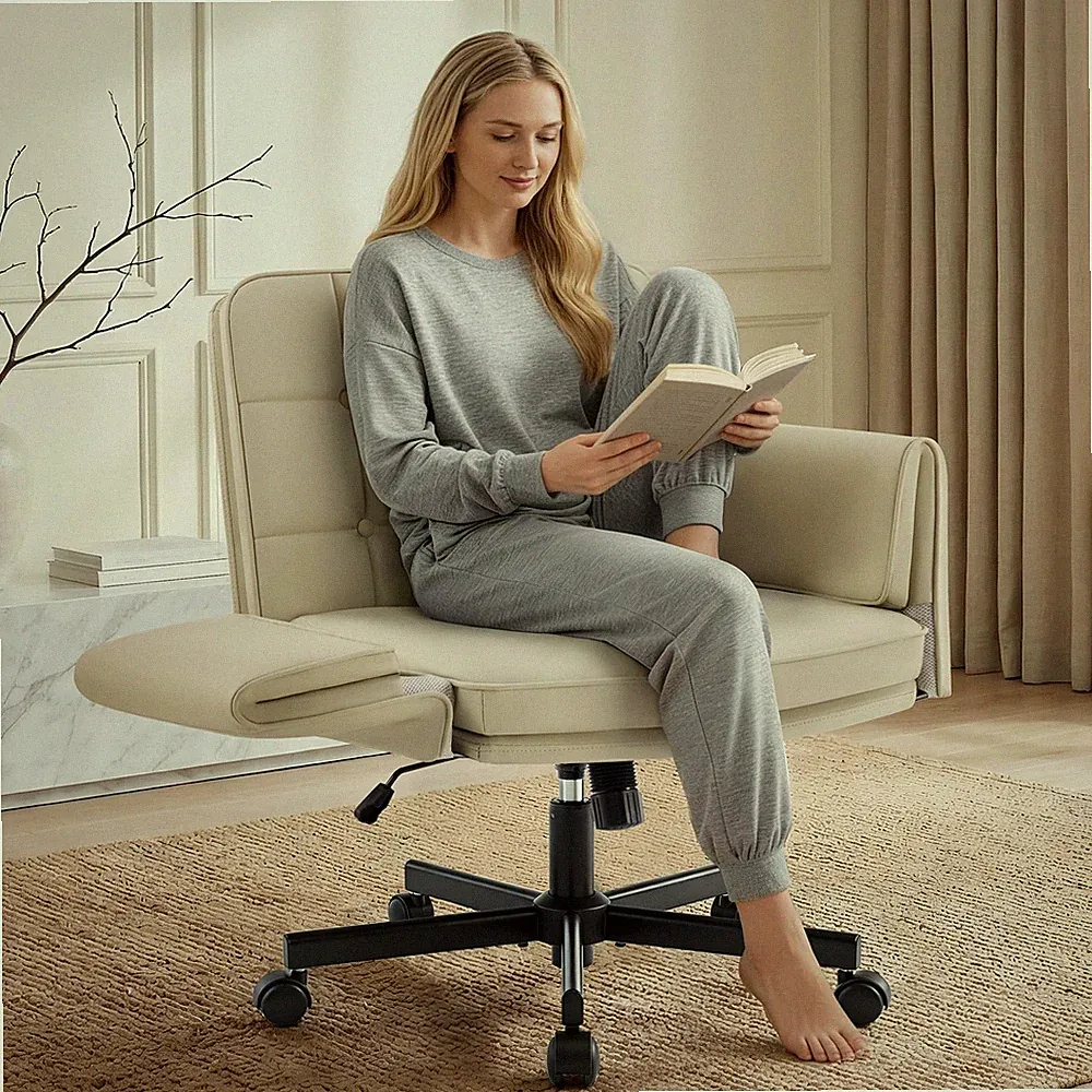 Criss Cross Chair with Wheels - PU Leather Comfy Wide Seat Criss Cross Desk O...