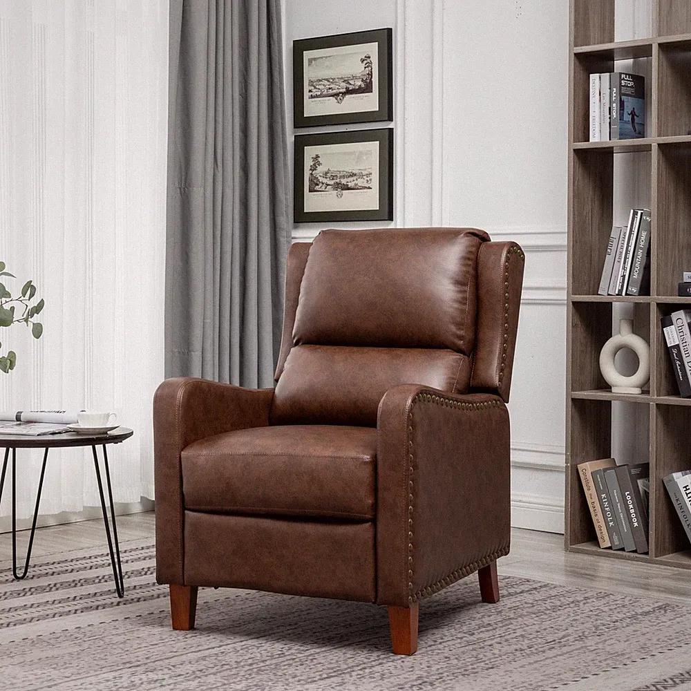 Pushback Recliner Chair PU Leather Push Back Retro Armchair Upholstered Bedroom
