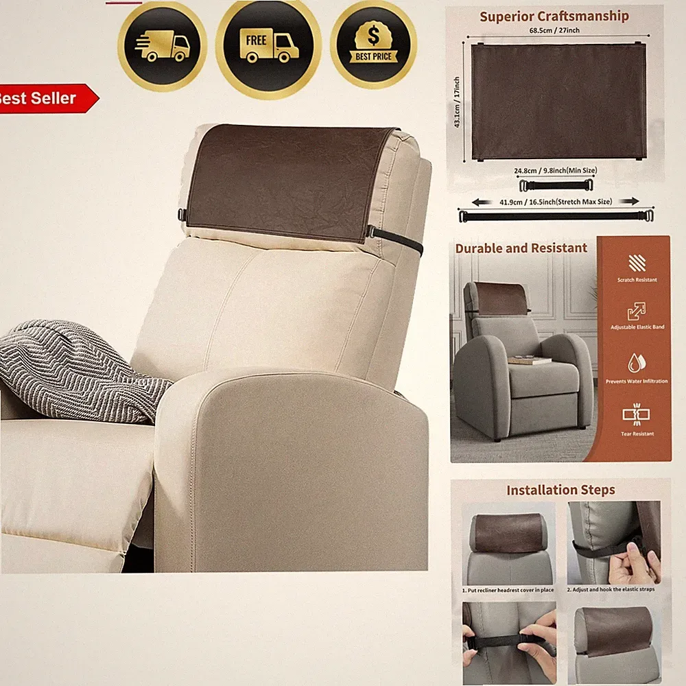 Recliner Headrest Protector Faux Leather Cover for Recliners 17 x 27 in Dark...