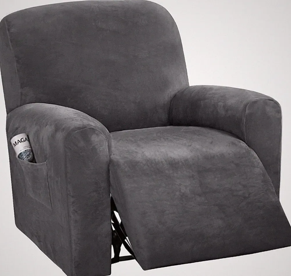 Soft Grey Velvet Stretch Recliner Couch Covers - 4-Piece Non-Slip Set