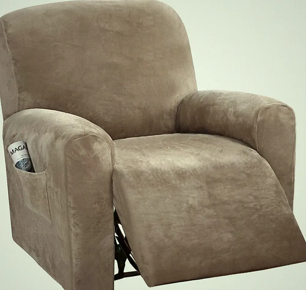 Soft Velvet Recliner Couch Covers - 4-Piece Non-Slip Taupe Slipcovers