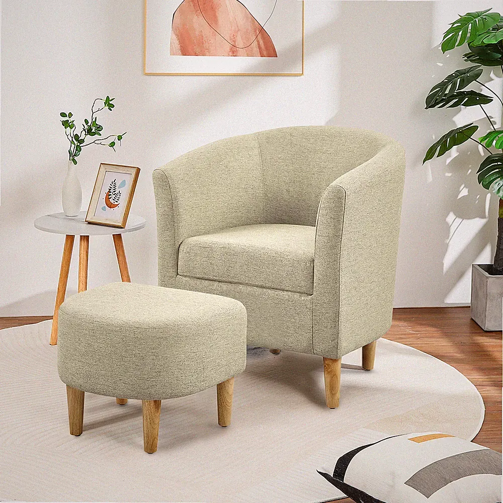 Upholstered Barrel Chair Tub Accent Armchair Linen Blend Sofa w/ottoman